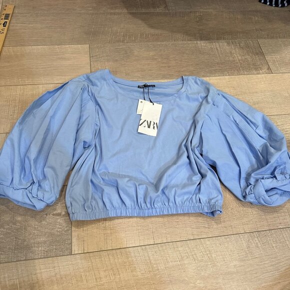 ZARA WOMENS BLUE CROPPED BUBBLE SLEEVE SHIRT NEW LARGE - Picture 1 of 10